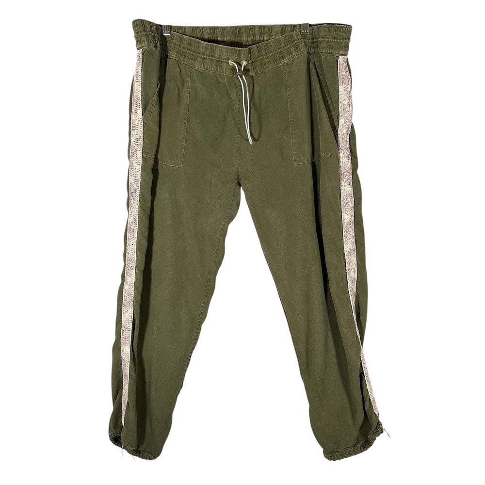 Calypso St. Barth Olive Green Drawstring Jogger Pants Sz L Crochet Stripe Boho